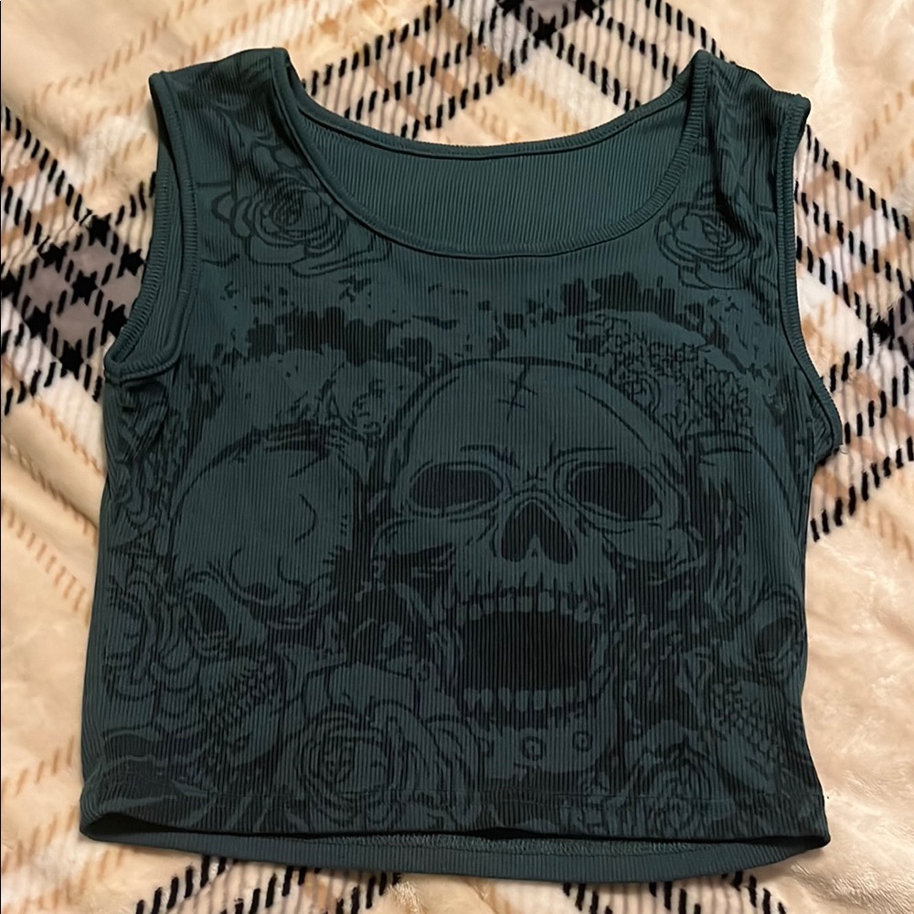 Dark Green Skull Print Tank Top